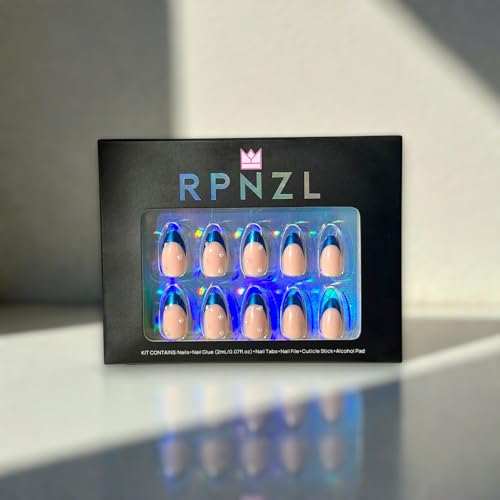 RPNZL Ocean blue chrome almond nails with UV finish for durable wear