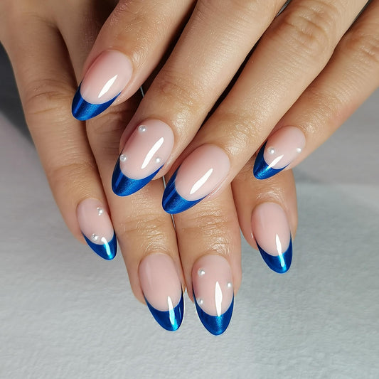 RPNZL Ocean nails with blue chrome French tip and pearl design for at-home manicure
