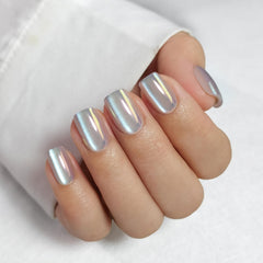 RPNZL Opal Chrome Cateye square nails on hand showing glossy look.