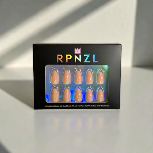Close-up of glossy Pearl design on almond nails by RPNZL.