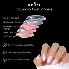 RPNZL Sugar Pink Polka Dot UV nails stay secure with long-wear glue options.