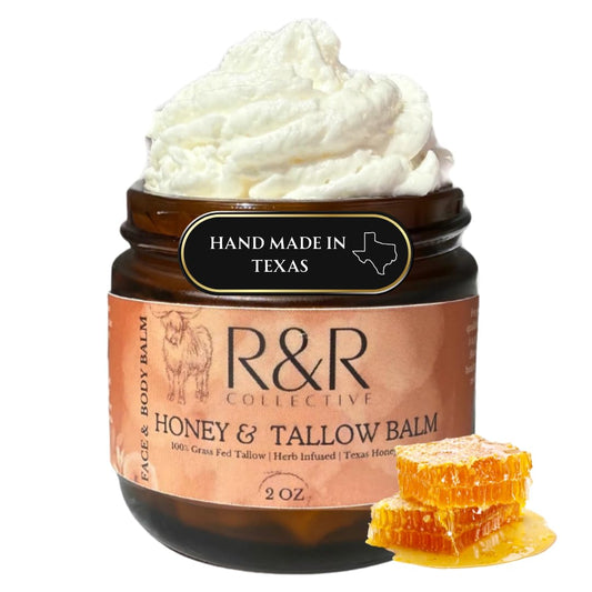 R&R Collective honey tallow balm jar close-up for rich hydration.
