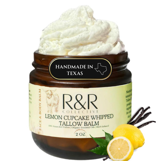 R&R Collective Lemon Cupcake tallow balm jar shows creamy texture for daily hydration.