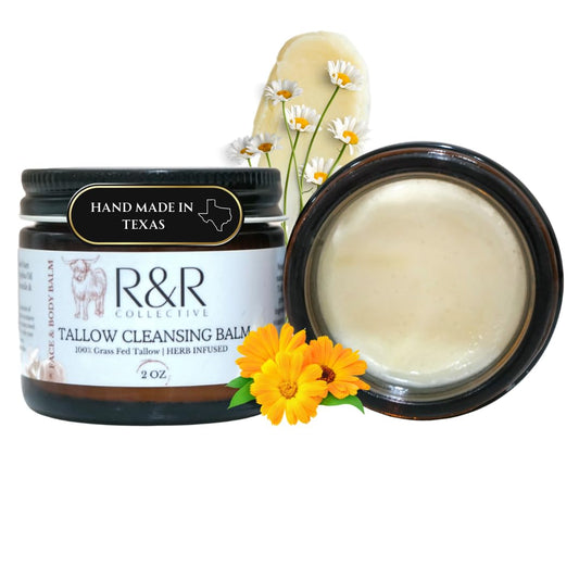 R&R Collective Tallow Cleansing Balm bottle for gentle makeup removal