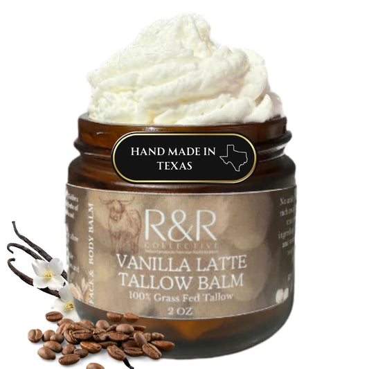 R&R Collective Vanilla Latte Tallow Face Moisturizer bottle shows creamy texture for dry, sensitive skin.