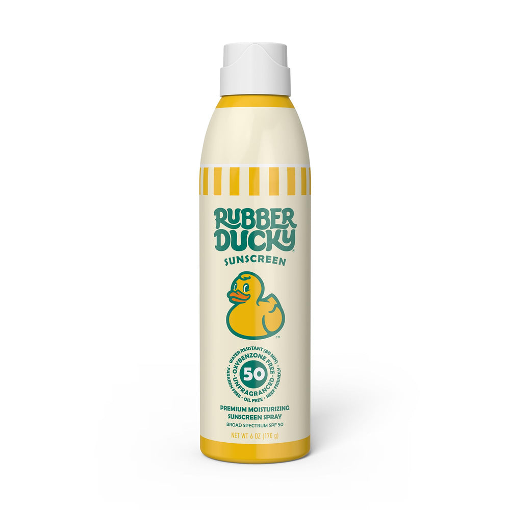 Rubber Ducky SPF 50 spray bottle shown for quick, even coverage