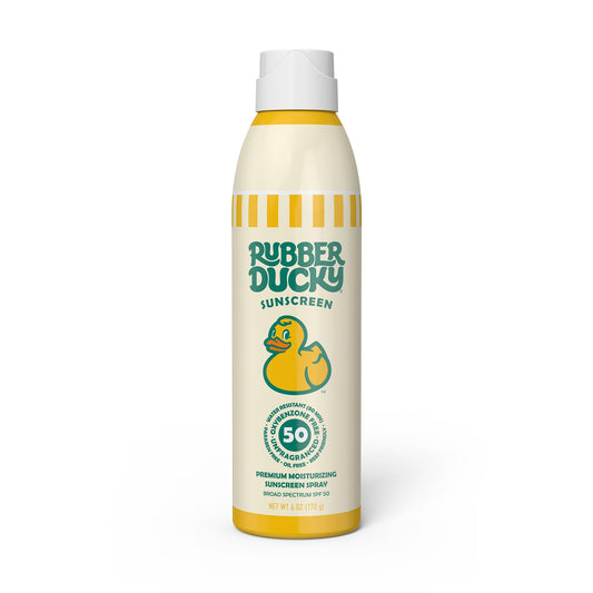 Rubber Ducky SPF 50 spray bottle shown for quick, even coverage