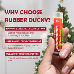 Rubber Ducky lip balm next to coin illustrating compact travel-friendly size