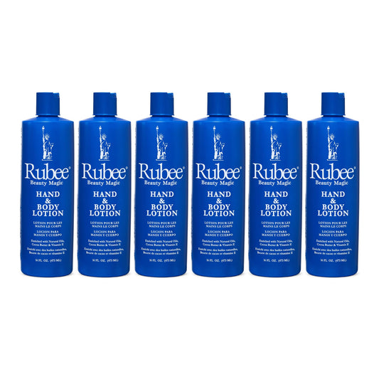 RUBEE six-pack body and hand lotion bottles offering non-greasy hydration for dry skin