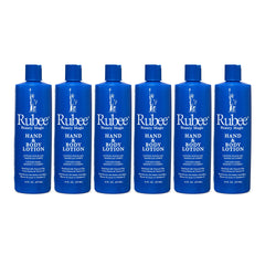 RUBEE six-pack body and hand lotion bottles offering non-greasy hydration for dry skin