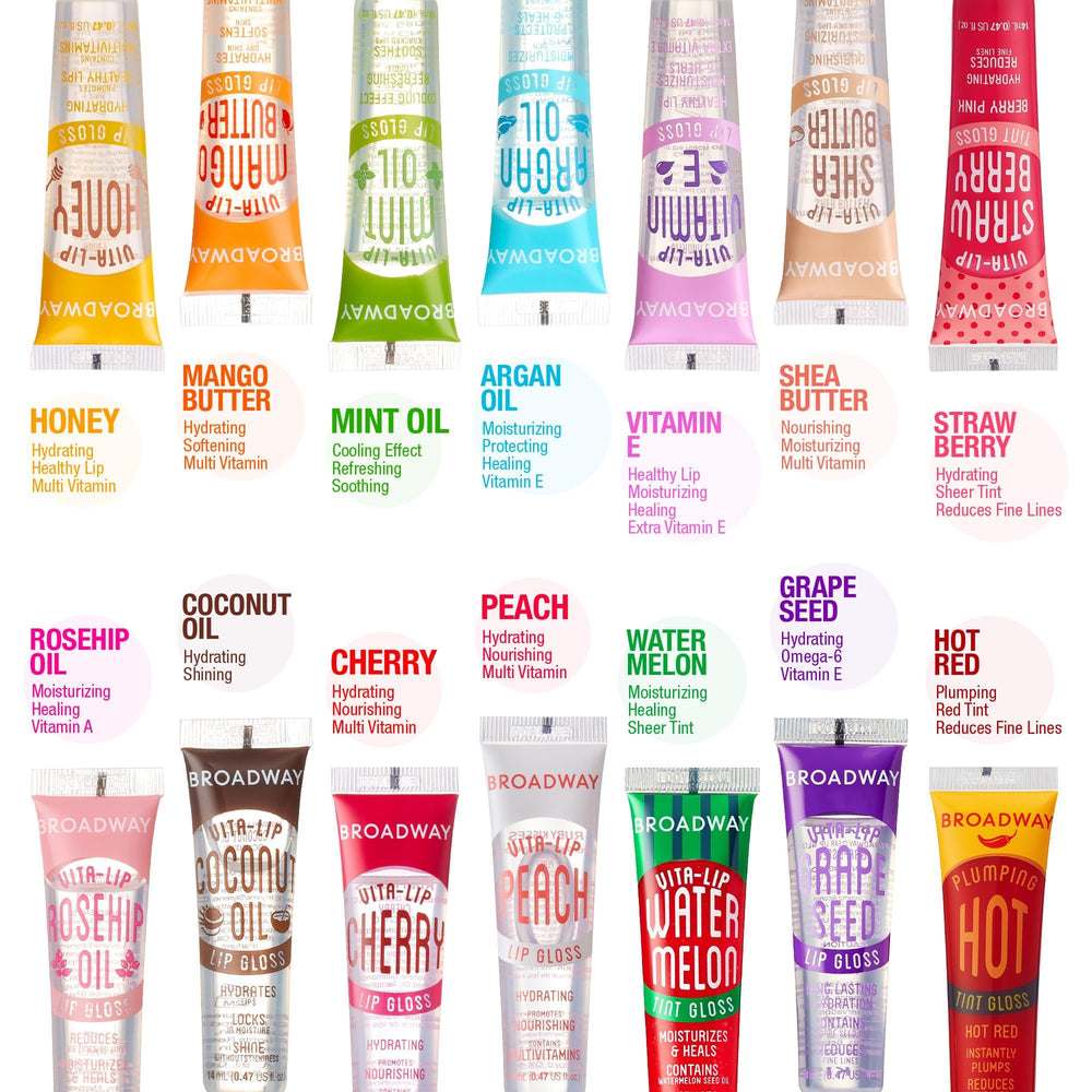 Ruby Kisses Broadway Vita-Lip gloss worn on lips for subtle glow.
