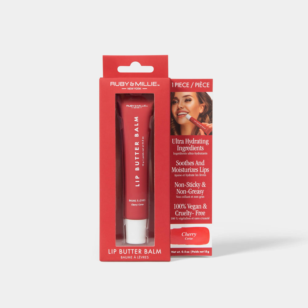 Ruby & Millie Cherry Lip Balm on lips reveals soft pink tint and shine.