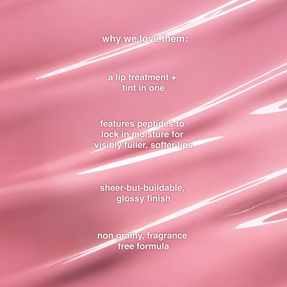 Ruby & Millie peptide lip treatment texture closeup highlighting non-sticky feel.