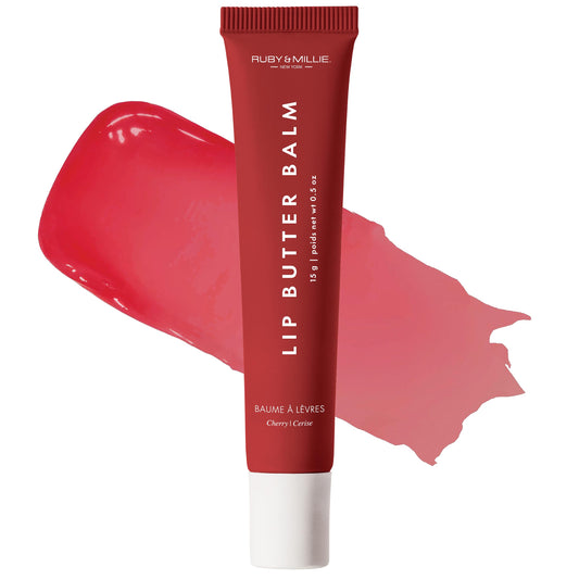 Ruby & Millie Cherry Lip Balm packaging highlights vegan formula and clean beauty values.