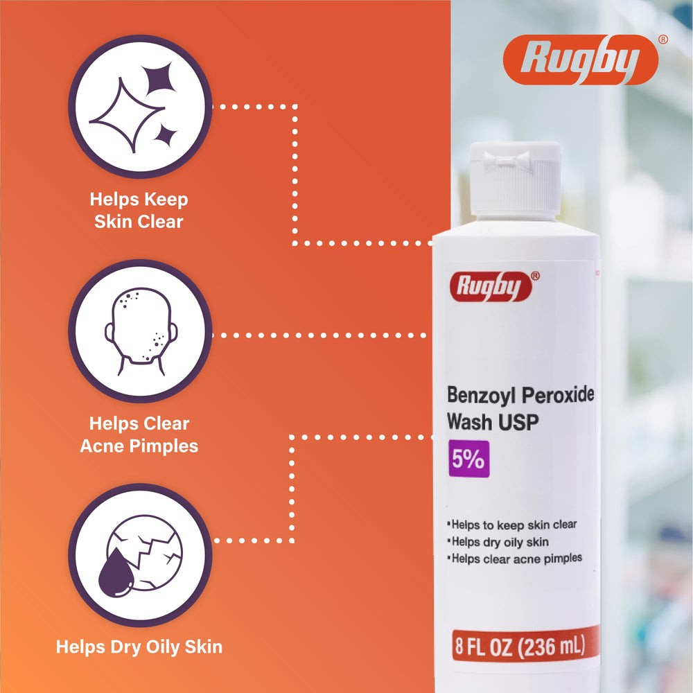 Close-up of label highlighting 5% benzoyl peroxide on Rugby wash
