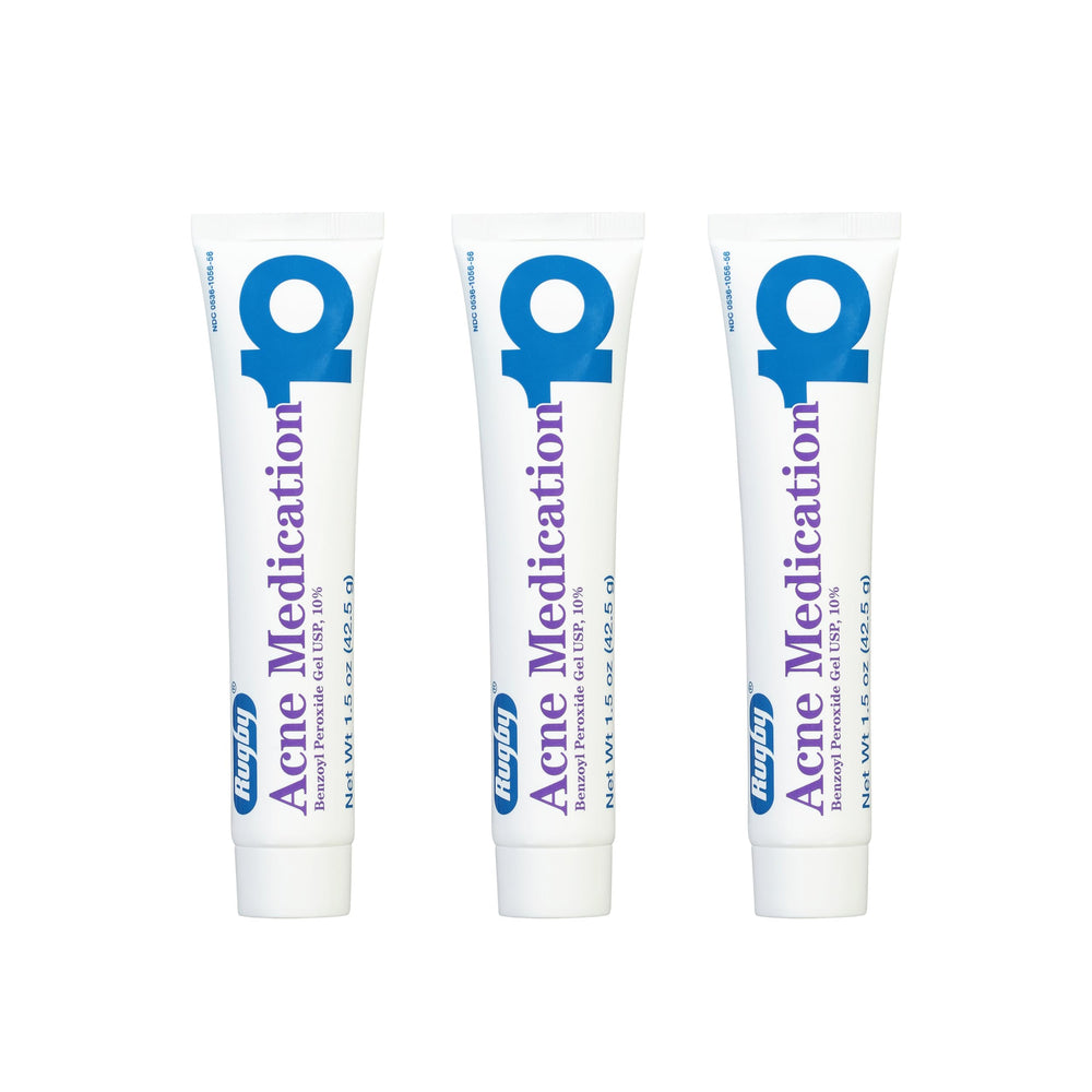 Rugby Laboratories benzoyl peroxide gel 10% tube packaging for targeted acne care