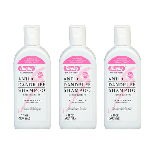Rugby Selenium Sulfide Anti-Dandruff Shampoo bottle with blue formula for normal hair