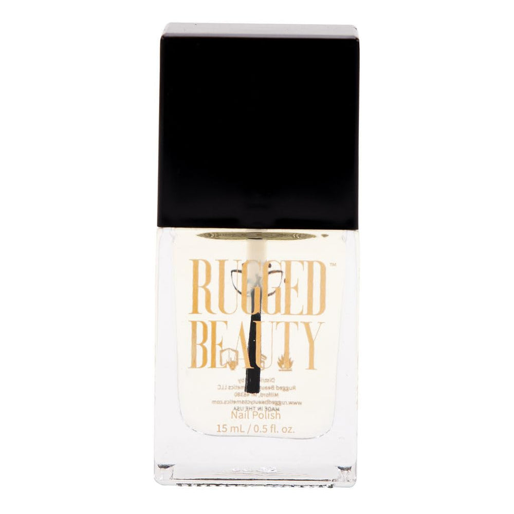 Rugged Beauty quick-dry top coat in a clear bottle with precise brush for clean application.