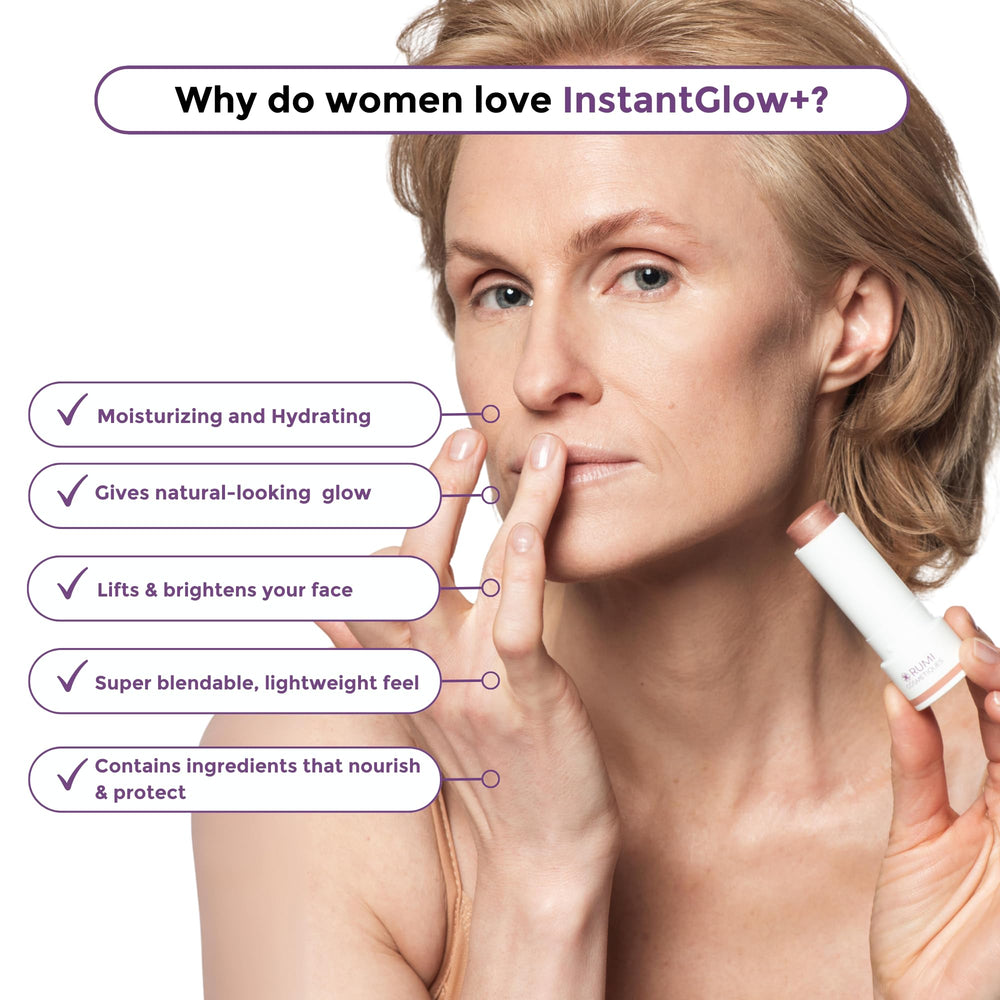 Rumi Cosmetiques InstantGlow+ applied to the cheek for subtle radiance and lift