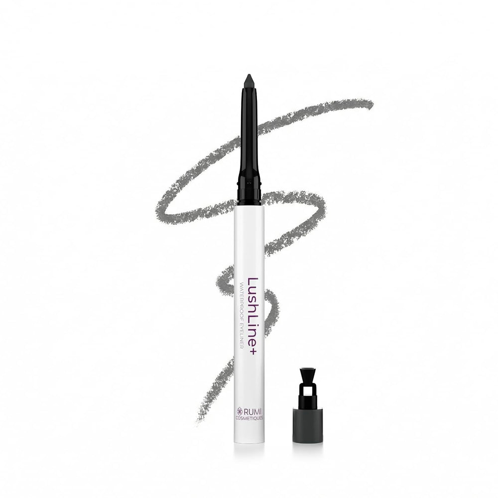 Rumi Cosmetiques LushLine+ waterproof eyeliner natural grey offers lasting definition for mature eyes.