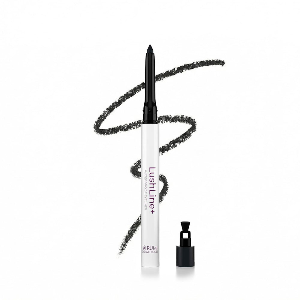 Rumi Cosmetiques LushLine+ Natural Black close-up highlighting waterproof, long-lasting definition for mature lids