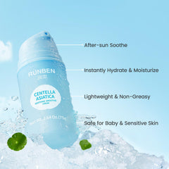 RUNBEN gel being applied to skin for post-sun relief and hydration.