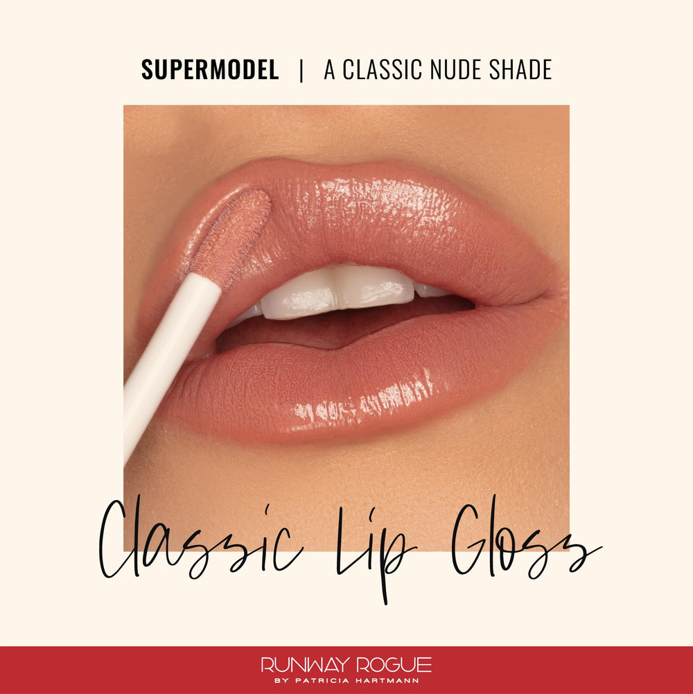 Runway Rogue Classic Lip Gloss Nude swatch closeup showing warm, luminous shine