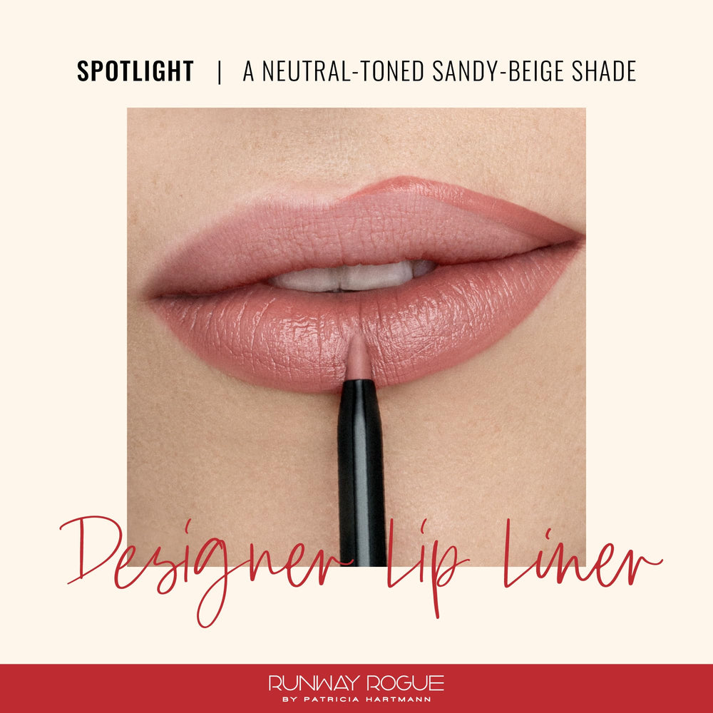 Runway Rogue Spotlight swatches reveal warm sandy-beige shade for versatile lip looks.
