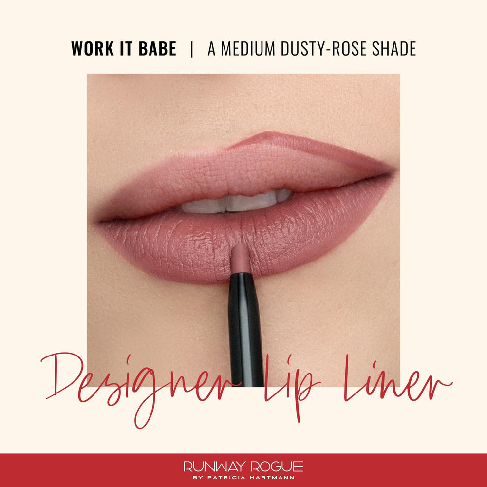 Work It Babe shade swatch on lips showing long-wear matte finish by Runway Rogue.