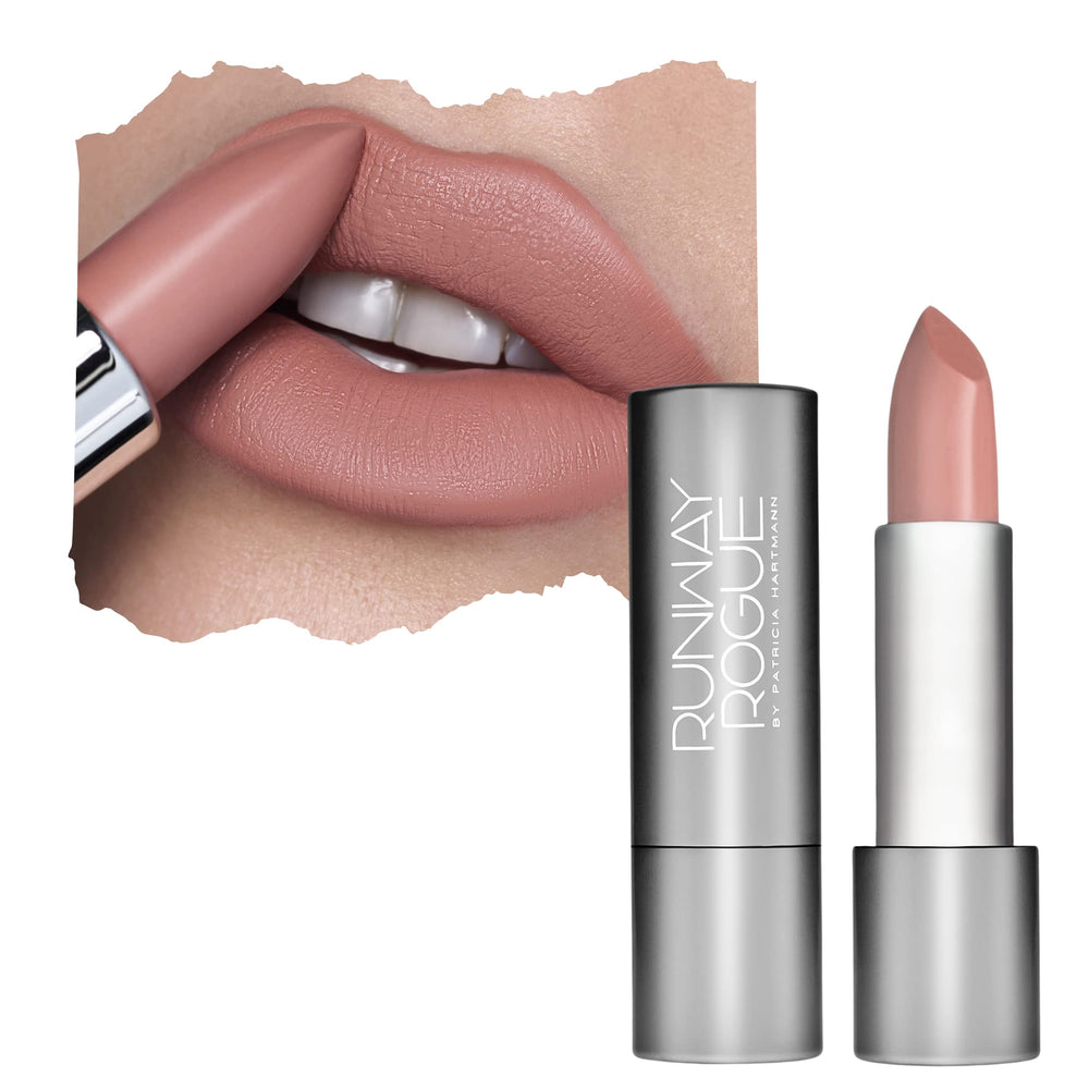 Runway Rogue Guest List lipstick swatch shows a moisturizing nude matte finish.