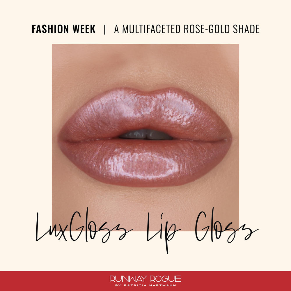 Runway Rogue LuxGloss Rose-Gold Shine swirl for luminous lip look.