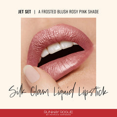 Runway Rogue Silk Glam Lipstick Frosted Rose swatch highlights rosy, luminous finish.