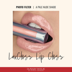 Close-up of LuxGloss Photo Filter being applied to lips for rich color and shine.