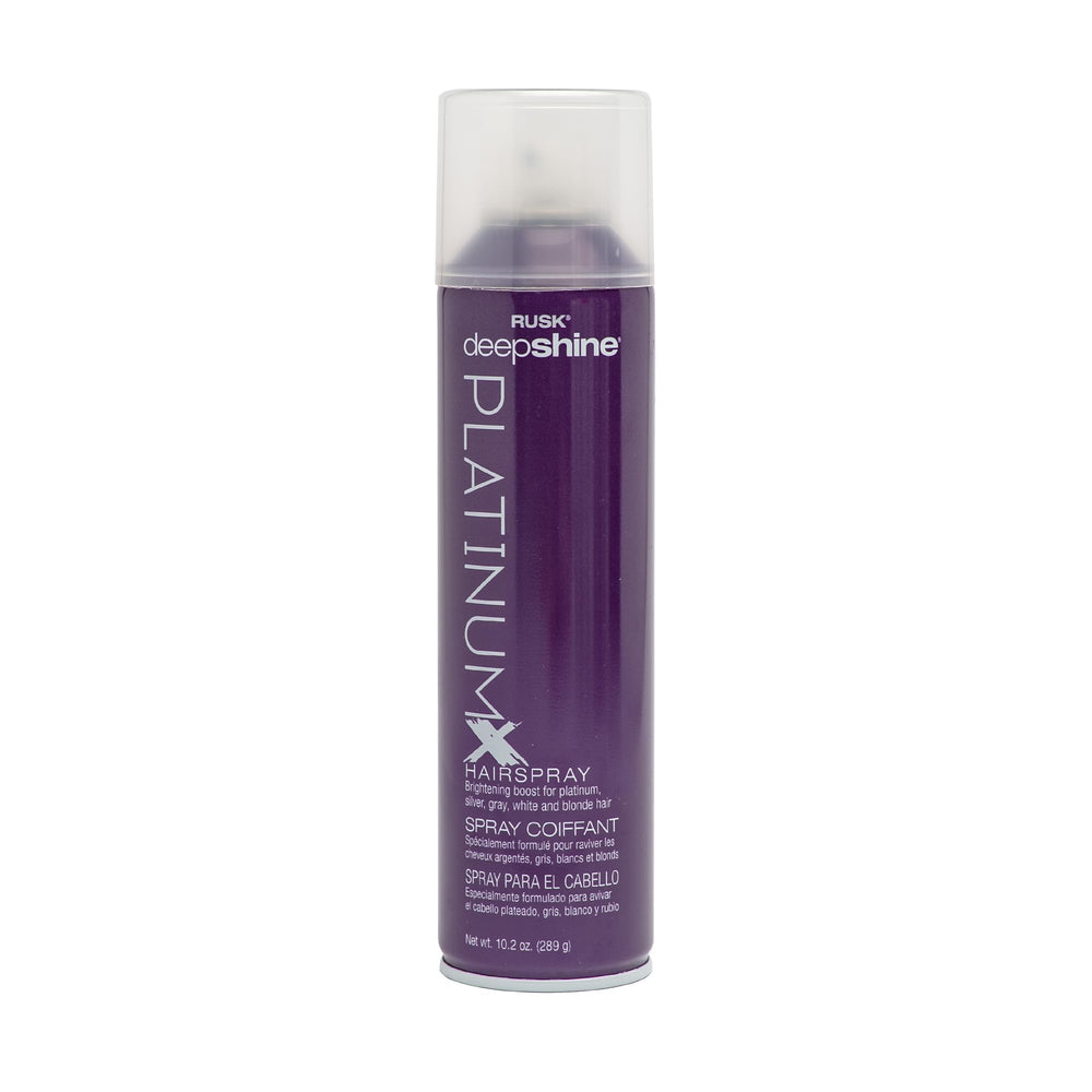 RUSK Deepshine PlatinumX hairspray bottle with a fast-drying, non-stick finish.