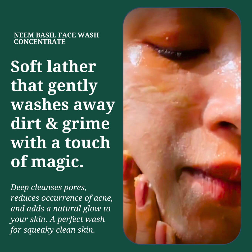 Rustic Art Neem Basil Face Wash concentrate close-up with lemongrass oil highlights soothing notes.