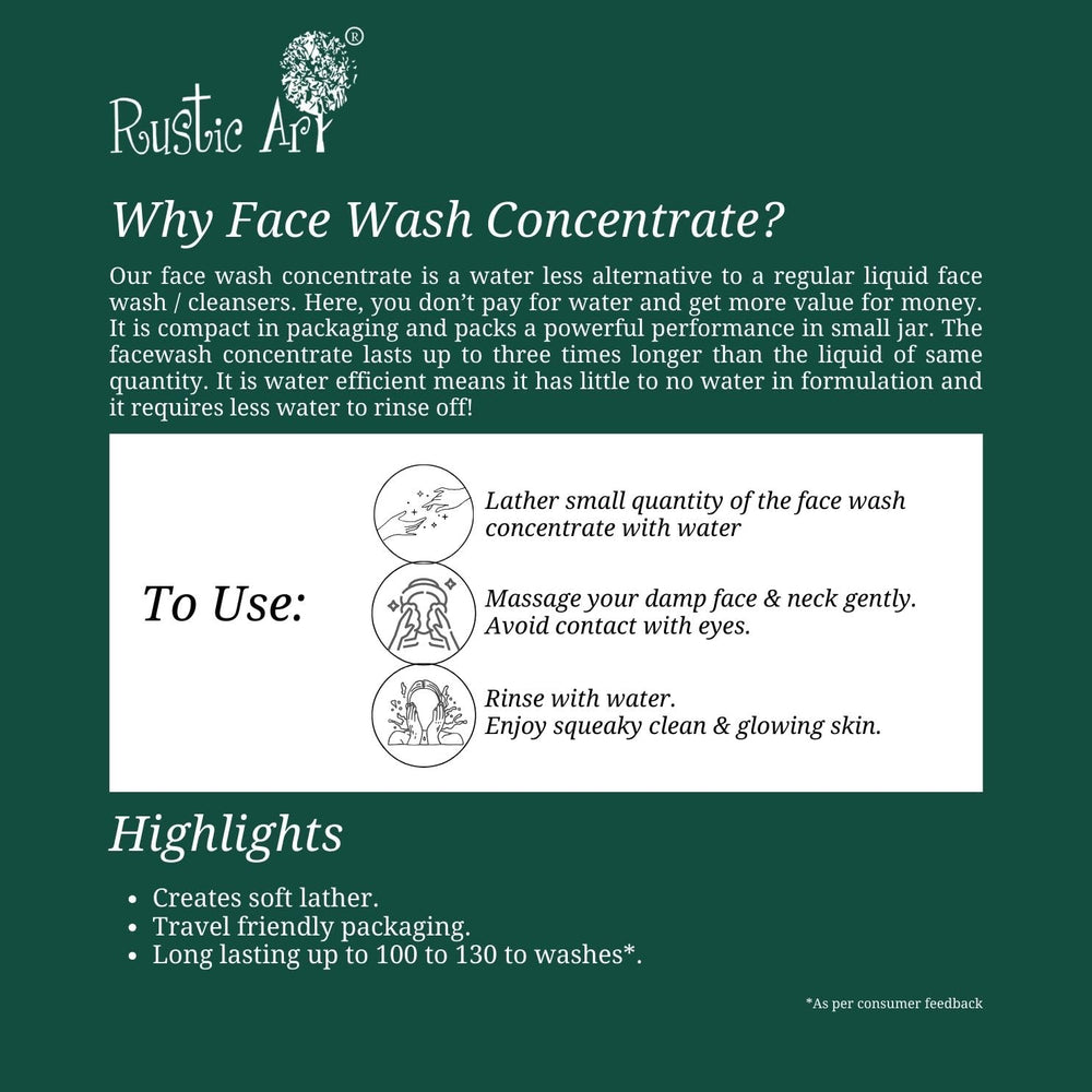 Rustic Art Neem Basil Face Wash concentrate neem leaf imagery signals antibacterial care.