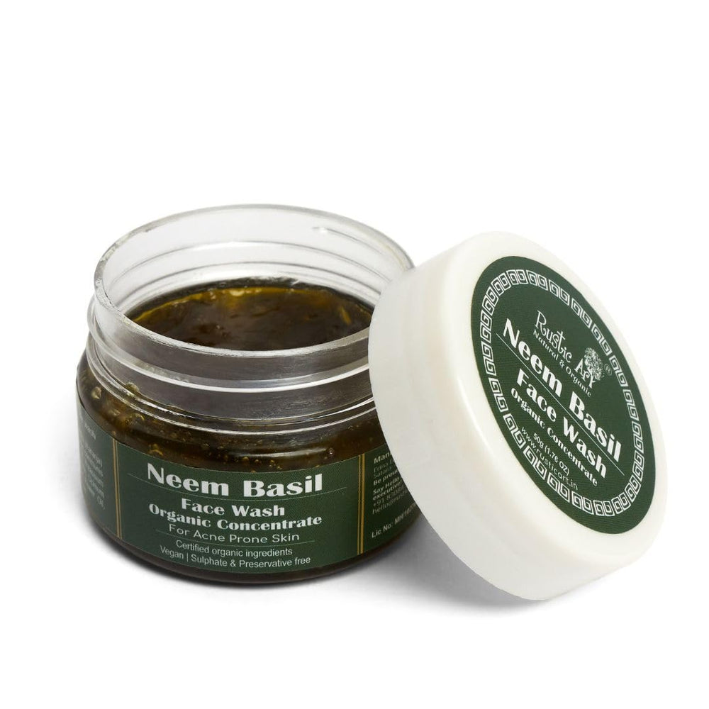 Rustic Art Neem Basil Face Wash concentrate travel-friendly bottle suitable for trips.