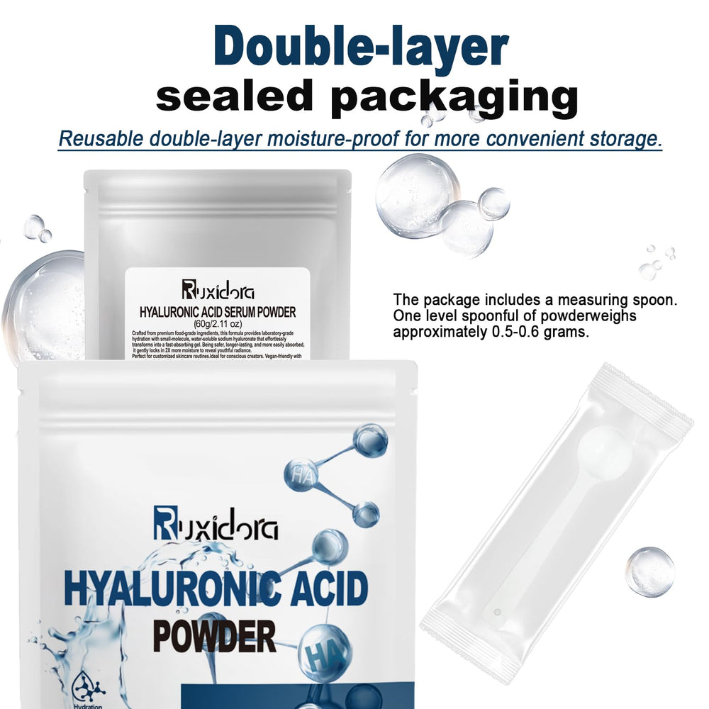 Ruxidora Hyaluronic Acid Powder bottle label closeup — cosmetic-grade formula for sensitive skin.