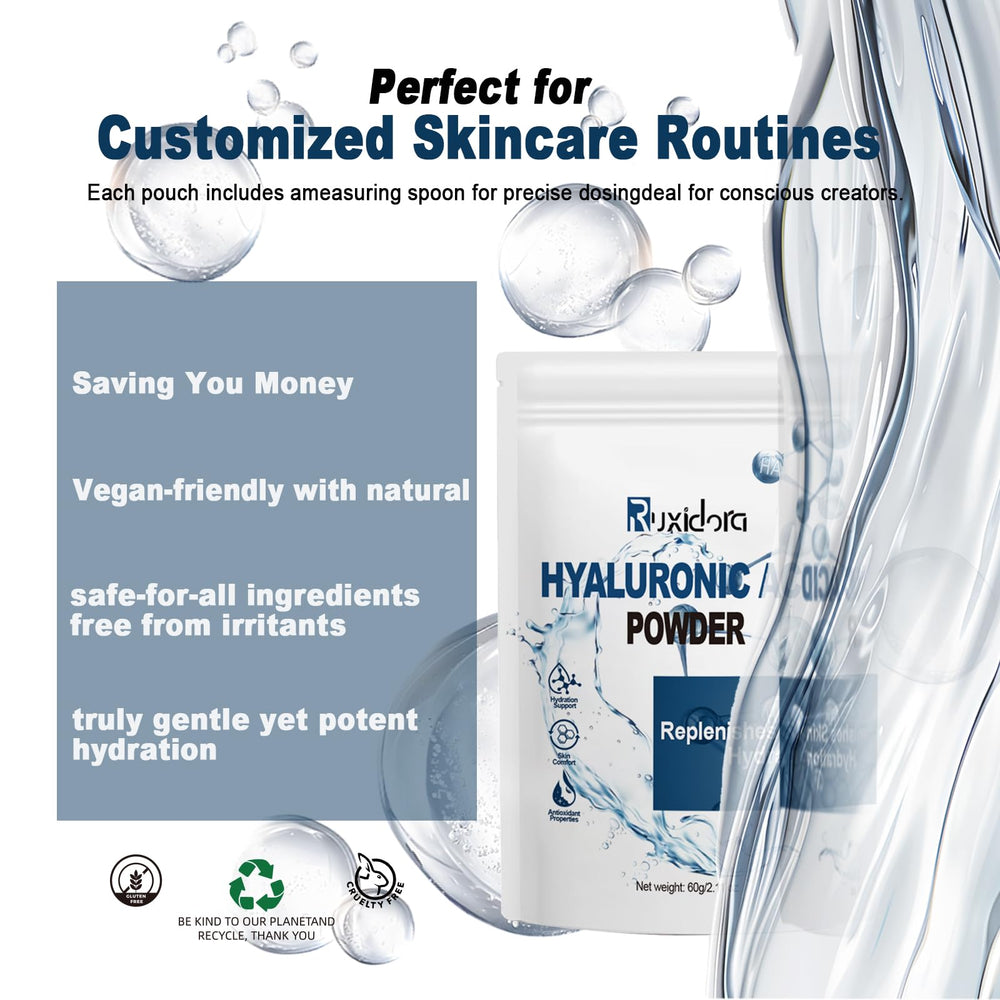 Ruxidora Hyaluronic Acid Powder being stirred with water — quick solubility for serums.