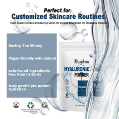 Ruxidora Hyaluronic Acid Powder being stirred with water — quick solubility for serums.