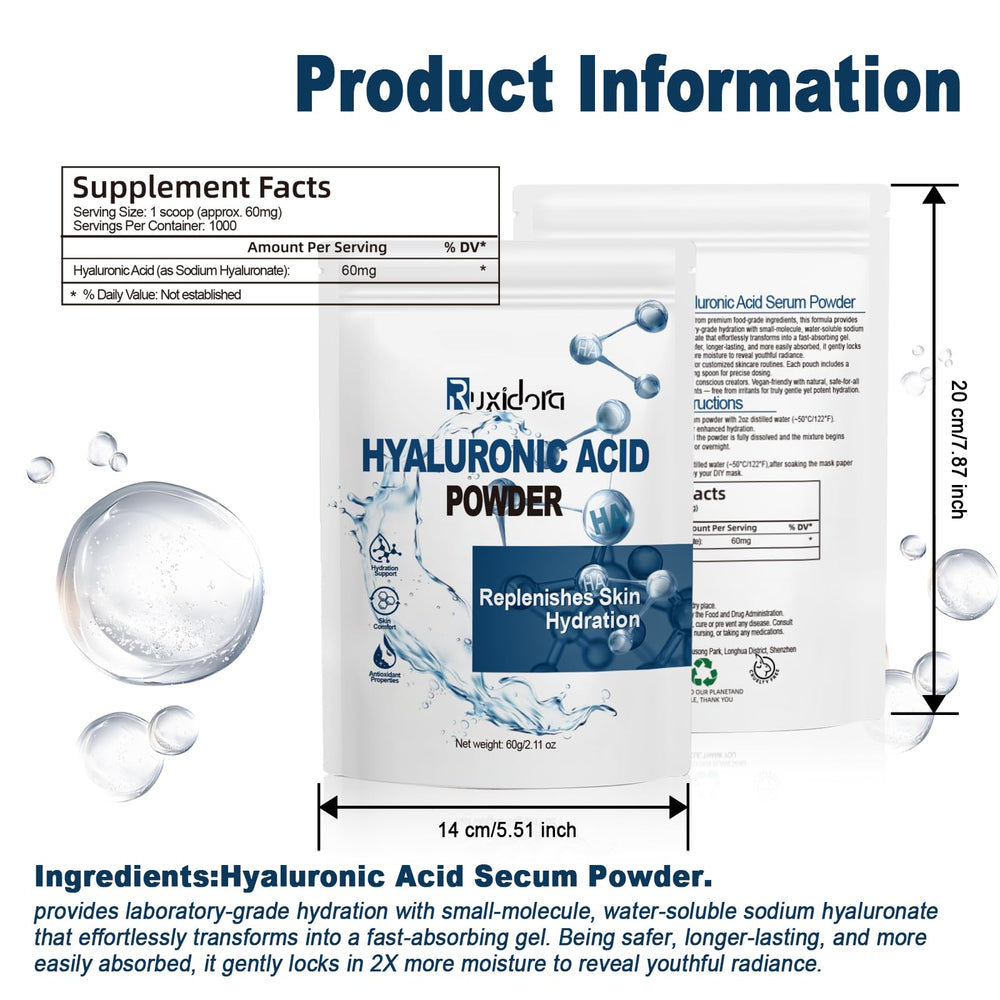 Ruxidora Hyaluronic Acid Powder being added to serum — supports moisture retention and skin feel.