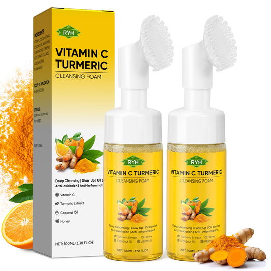 RYH turmeric face wash foam bottle cleanses gently for radiant skin.