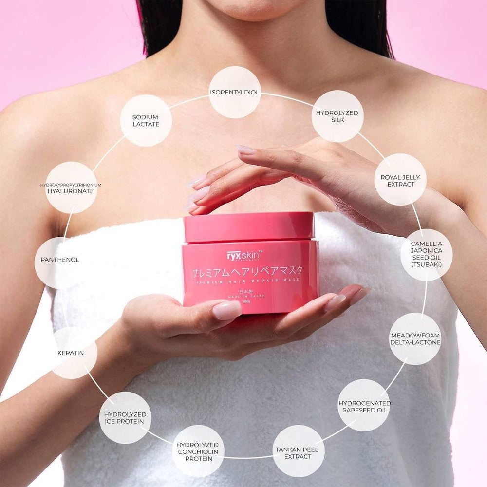 Ryxskin Premium Hair Repair Mask ingredients close-up: Japanese blend delivering moisture and scalp nourishment.