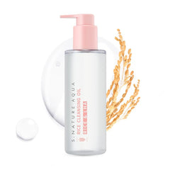 S.NATURE Aqua Rice Cleanser bottle pour supports gentle makeup removal.