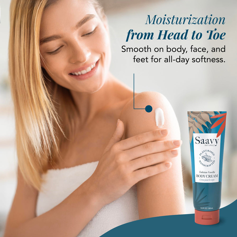 Texture closeup of Saavy Naturals body cream showing creamy, non-greasy formula