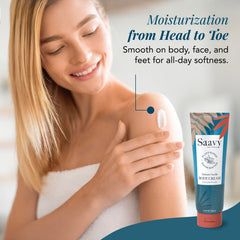 Texture closeup of Saavy Naturals body cream showing creamy, non-greasy formula