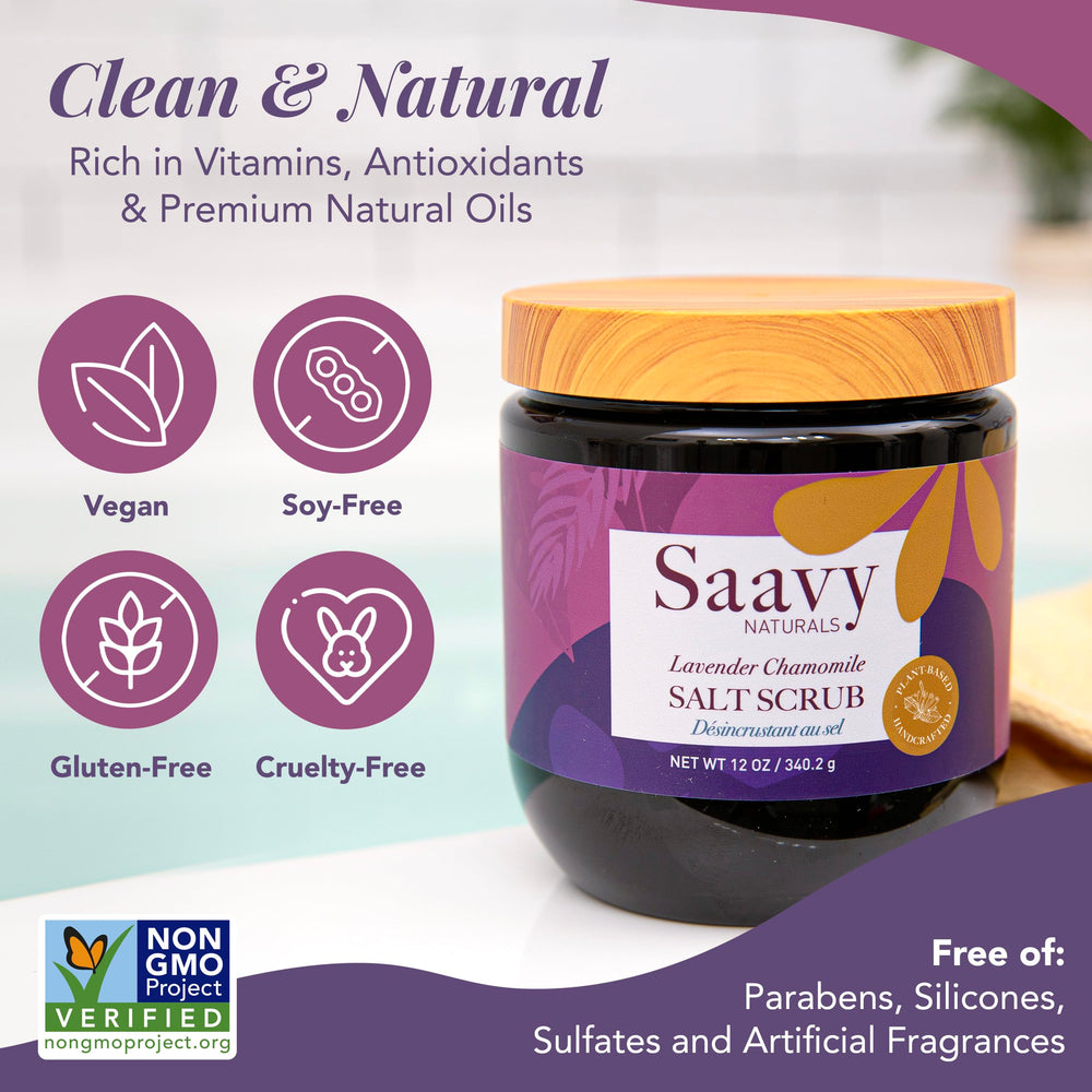 Saavy Naturals body scrub jar closeup highlighting salt-based exfoliation and vitamin E.