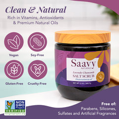 Saavy Naturals body scrub jar closeup highlighting salt-based exfoliation and vitamin E.