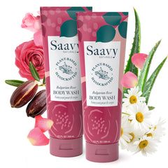 Saavy Naturals Bulgarian Rose body wash bottle showing plant-based formula for sensitive skin