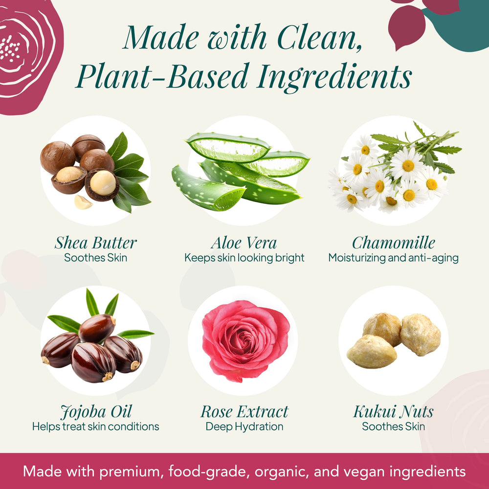 Saavy Naturals Bulgarian Rose ingredients panel featuring coconut oil and aloe vera
